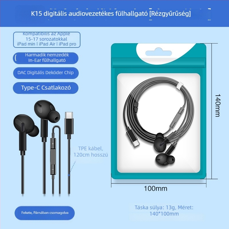 X2 In-Ear Digitális fejhallgató USB-C csatlakozóval, vezetékes mikrofonnal, 1,2 m kábel, frekvencia-válasz 97, torzítás 2%