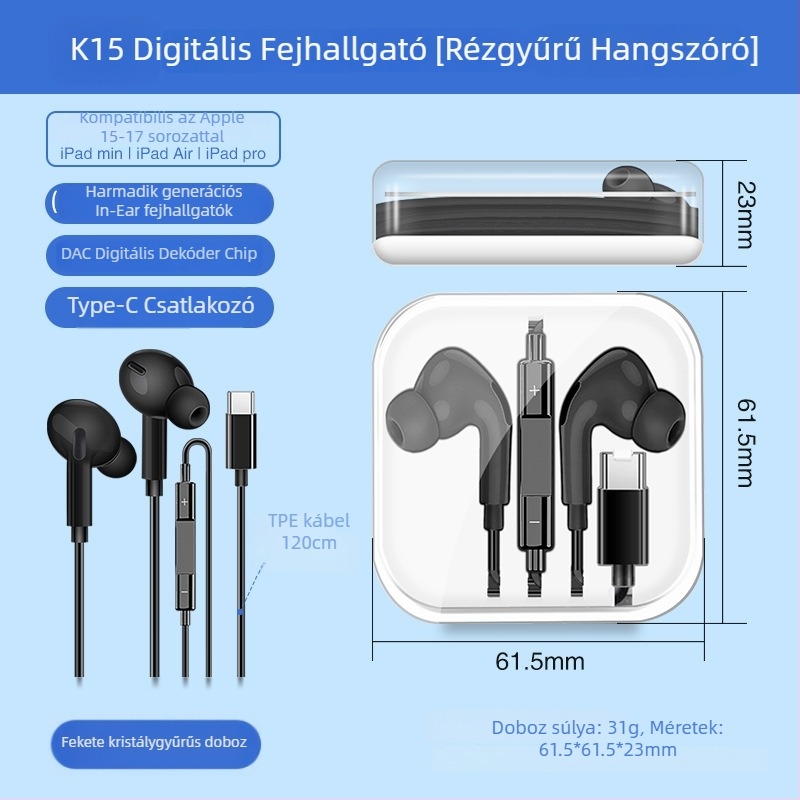 X2 In-Ear Digitális fejhallgató USB-C csatlakozóval, vezetékes mikrofonnal, 1,2 m kábel, frekvencia-válasz 97, torzítás 2%
