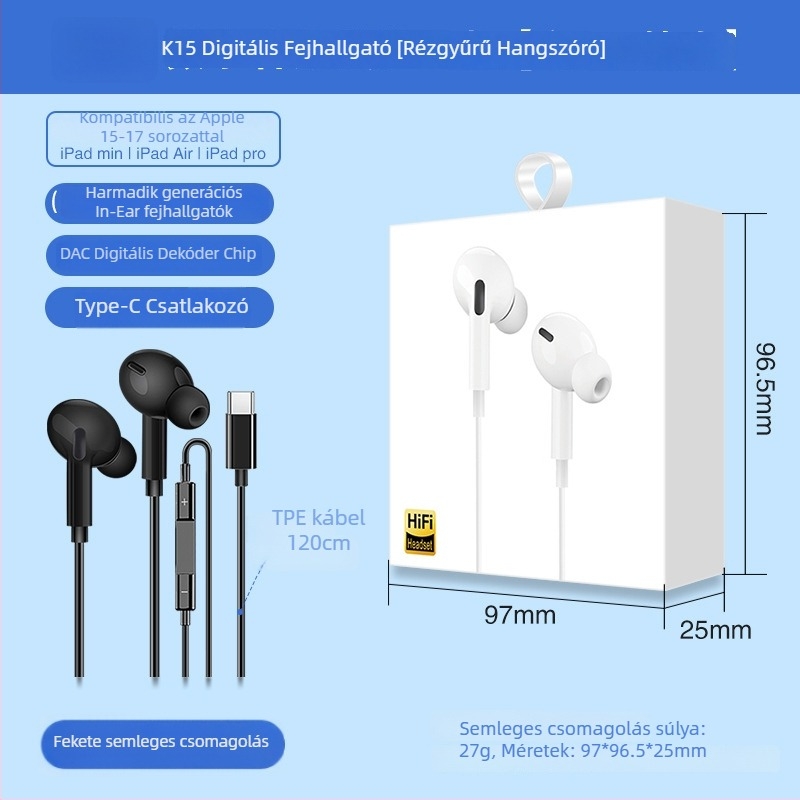 X2 In-Ear Digitális fejhallgató USB-C csatlakozóval, vezetékes mikrofonnal, 1,2 m kábel, frekvencia-válasz 97, torzítás 2%