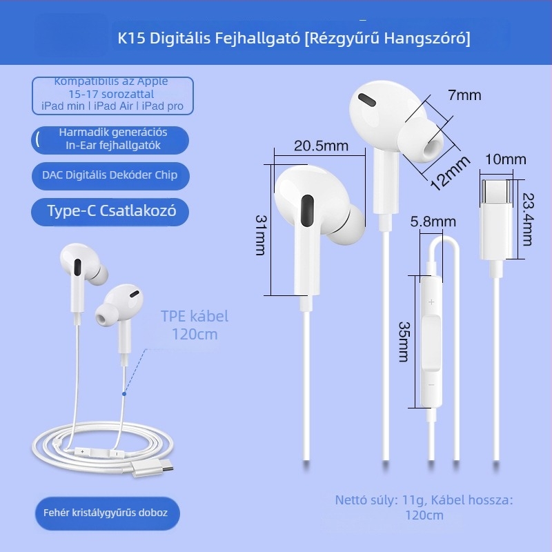 X2 In-Ear Digitális fejhallgató USB-C csatlakozóval, vezetékes mikrofonnal, 1,2 m kábel, frekvencia-válasz 97, torzítás 2%