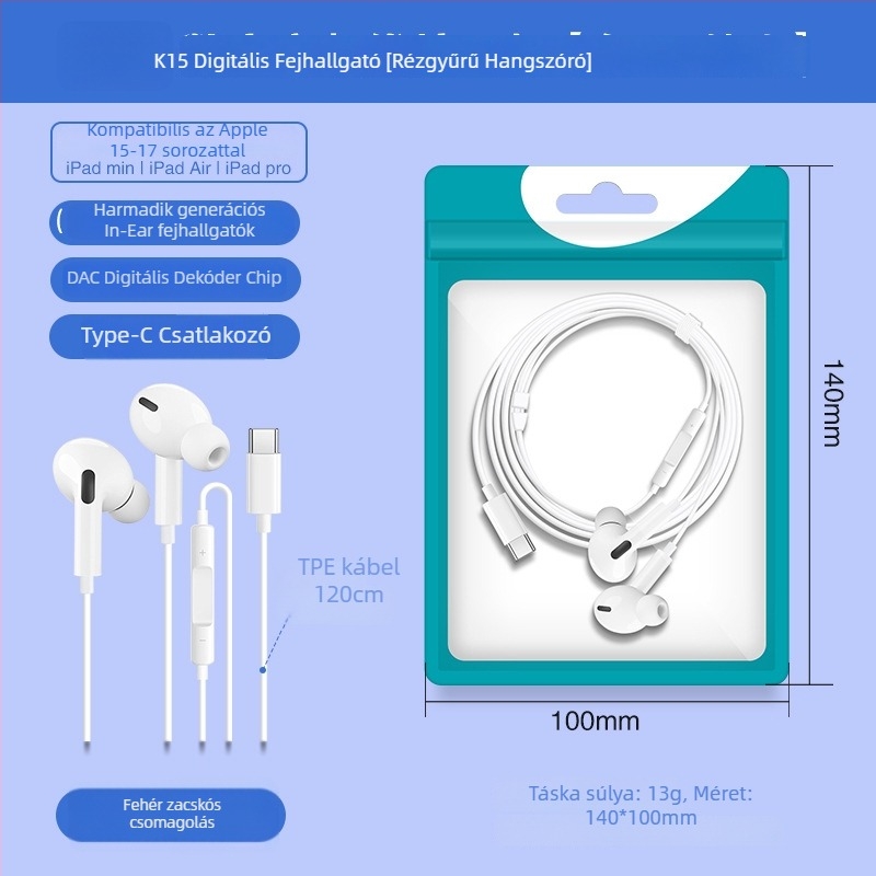X2 In-Ear Digitális fejhallgató USB-C csatlakozóval, vezetékes mikrofonnal, 1,2 m kábel, frekvencia-válasz 97, torzítás 2%