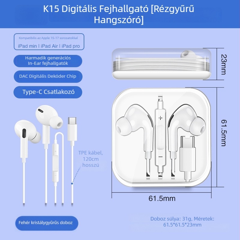 X2 In-Ear Digitális fejhallgató USB-C csatlakozóval, vezetékes mikrofonnal, 1,2 m kábel, frekvencia-válasz 97, torzítás 2%