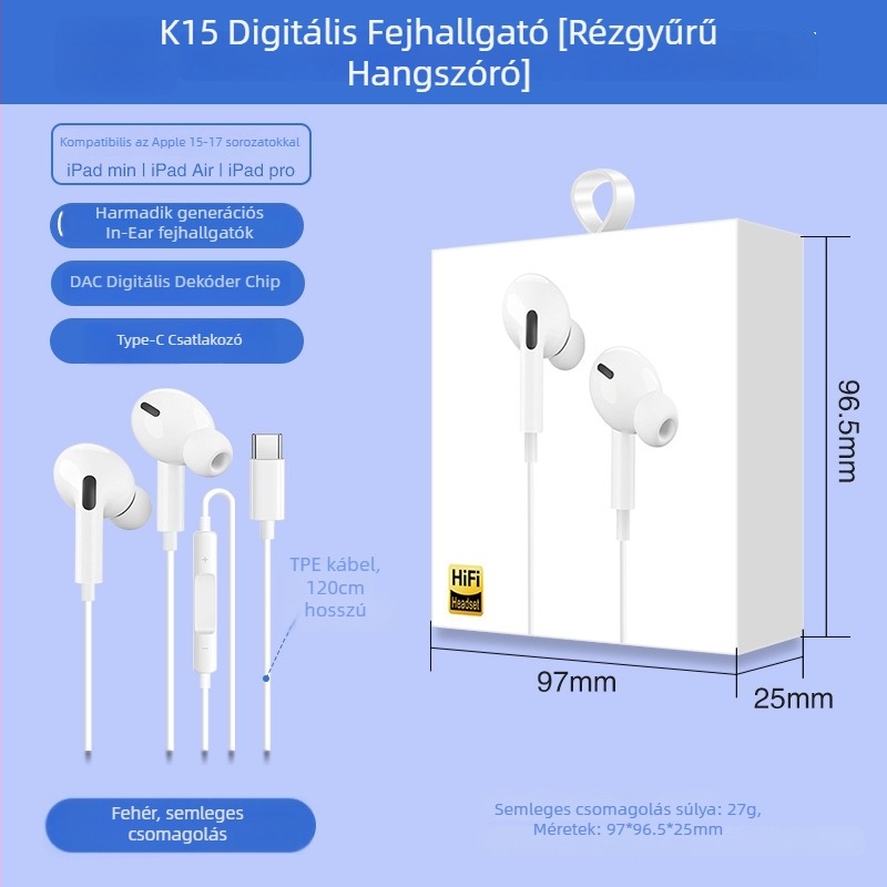 X2 In-Ear Digitális fejhallgató USB-C csatlakozóval, vezetékes mikrofonnal, 1,2 m kábel, frekvencia-válasz 97, torzítás 2%