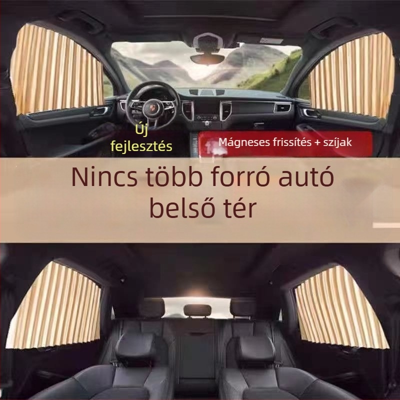 Autóablak árnyékoló függöny, nylon háló, tömör átlátszatlan, sínrendszer, mágneses, automatikus teleszkópos
