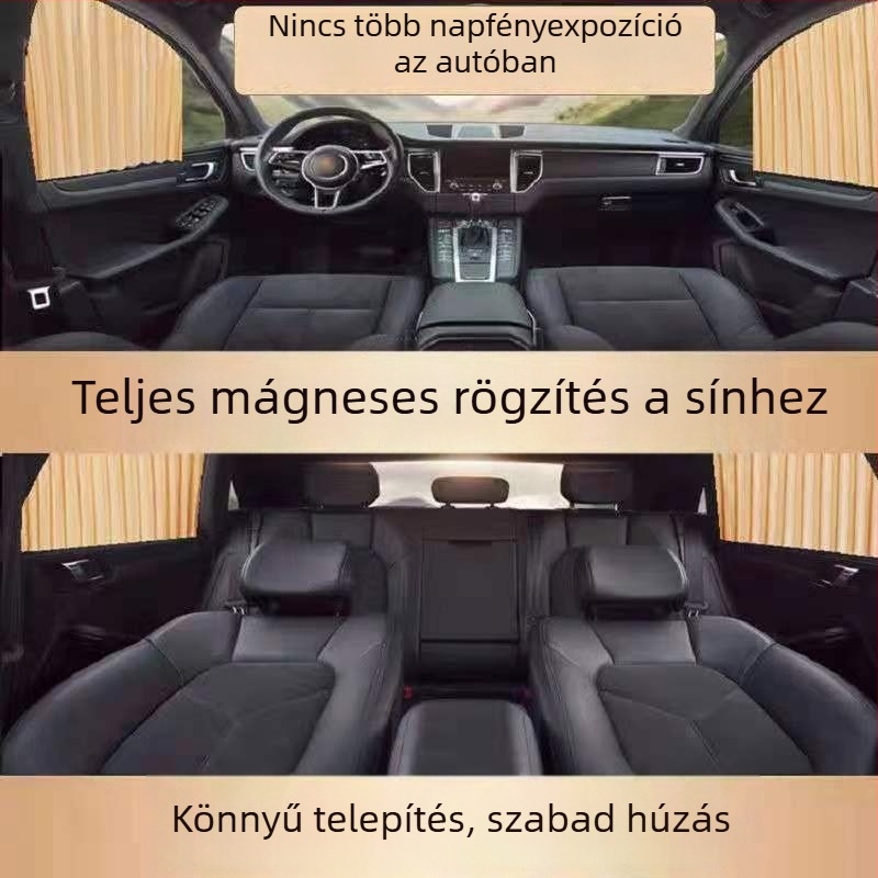 Autóablak árnyékoló függöny, nylon háló, tömör átlátszatlan, sínrendszer, mágneses, automatikus teleszkópos