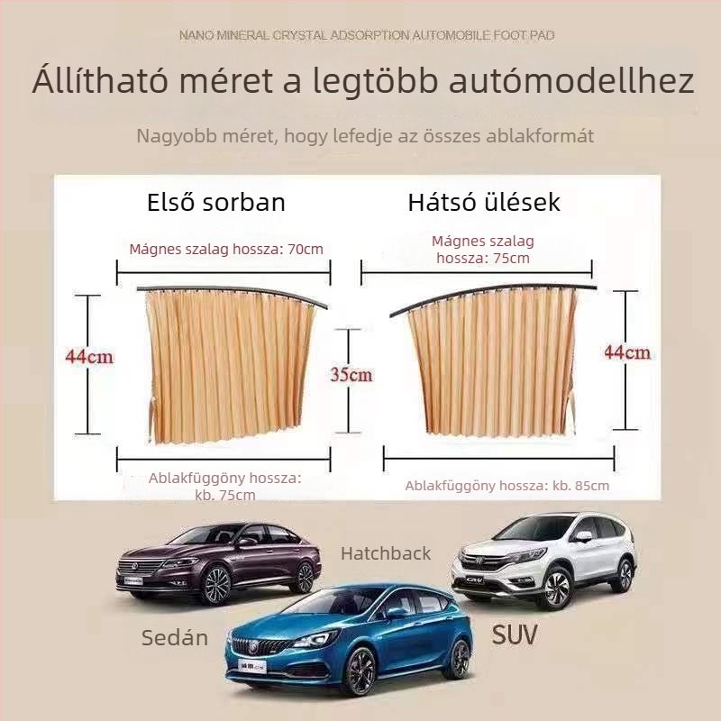 Autóablak árnyékoló függöny, nylon háló, tömör átlátszatlan, sínrendszer, mágneses, automatikus teleszkópos