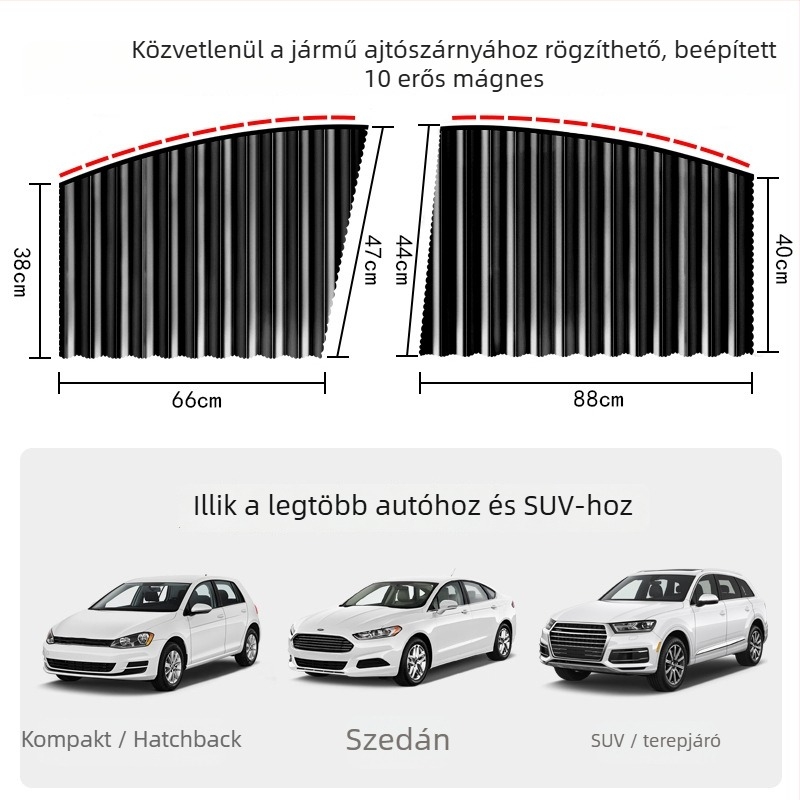Autóablak napellenző mágneses rögzítéssel, kihúzható textil, egyszínű dizájn, logónyomtatás és licencelhető magáncímke