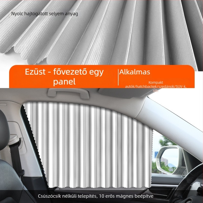 Autóablak napellenző mágneses rögzítéssel, kihúzható textil, egyszínű dizájn, logónyomtatás és licencelhető magáncímke