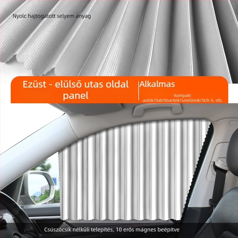 Autóablak napellenző mágneses rögzítéssel, kihúzható textil, egyszínű dizájn, logónyomtatás és licencelhető magáncímke
