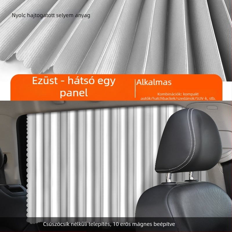Autóablak napellenző mágneses rögzítéssel, kihúzható textil, egyszínű dizájn, logónyomtatás és licencelhető magáncímke