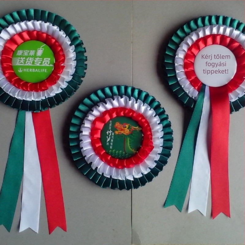 Szalagkoszorú jelvény, tinplate anyagból, kézzel készített, esküvőre, üzleti ajándék