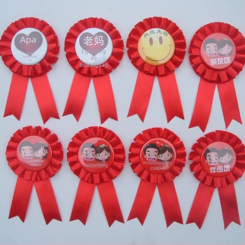 Szalagkoszorú jelvény, tinplate anyagból, kézzel készített, esküvőre, üzleti ajándék