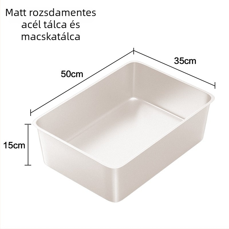 Matt rozsdamentes acél macskaalomtál, magas kerítéssel, fél-zárt kialakítás, könnyen tisztítható és szagtalan
