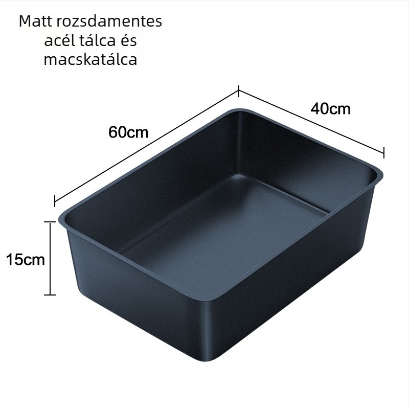 Matt rozsdamentes acél macskaalomtál, magas kerítéssel, fél-zárt kialakítás, könnyen tisztítható és szagtalan