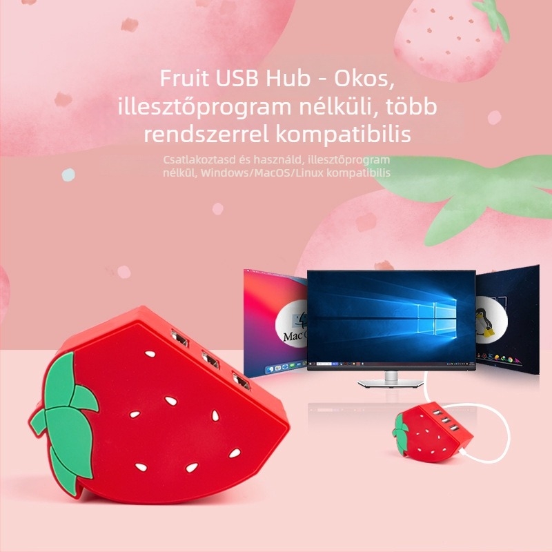 USB 2.0 laptop hub, 3-portos, 50 cm kábel, Fruit hub hub (külső tápegység nélkül)