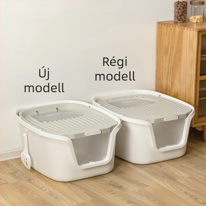 Teljesen zárt macskaalomtálca felső bejárattal; cseppmentes, szagtalanító, szivárgásmentes PVC-anyagból