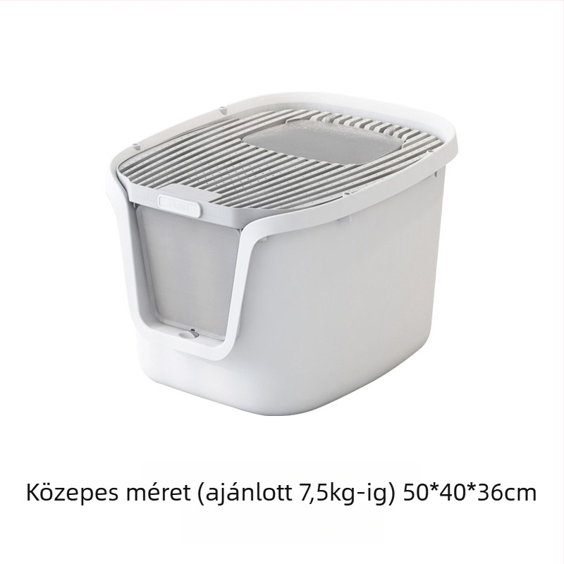 Teljesen zárt macskaalomtálca felső bejárattal; cseppmentes, szagtalanító, szivárgásmentes PVC-anyagból