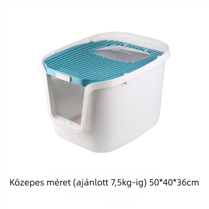 Teljesen zárt macskaalomtálca felső bejárattal; cseppmentes, szagtalanító, szivárgásmentes PVC-anyagból