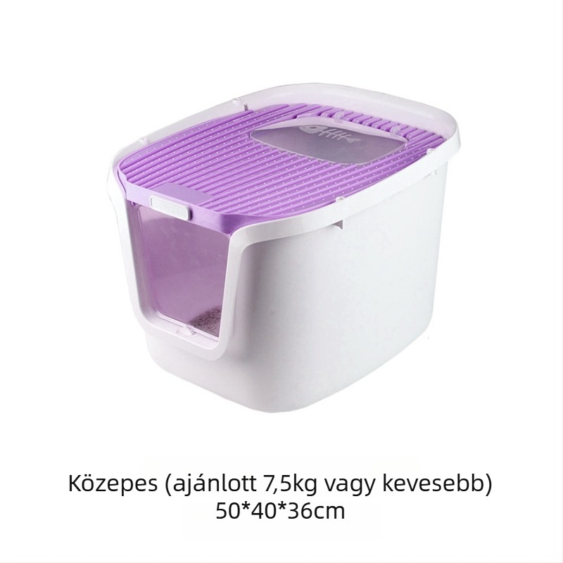Teljesen zárt macskaalomtálca felső bejárattal; cseppmentes, szagtalanító, szivárgásmentes PVC-anyagból