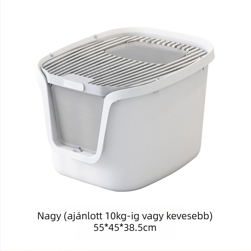 Teljesen zárt macskaalomtálca felső bejárattal; cseppmentes, szagtalanító, szivárgásmentes PVC-anyagból