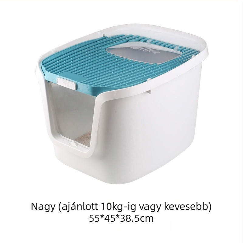 Teljesen zárt macskaalomtálca felső bejárattal; cseppmentes, szagtalanító, szivárgásmentes PVC-anyagból