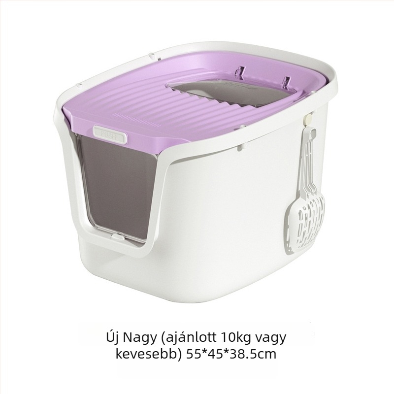 Teljesen zárt macskaalomtálca felső bejárattal; cseppmentes, szagtalanító, szivárgásmentes PVC-anyagból