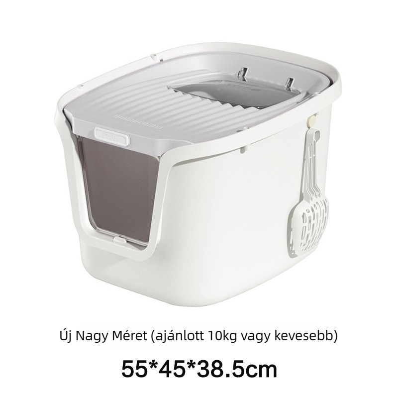Teljesen zárt macskaalomtálca felső bejárattal; cseppmentes, szagtalanító, szivárgásmentes PVC-anyagból