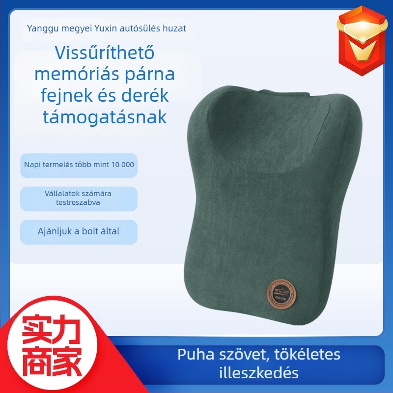 Autófej- és nyakrögzítő párna velúr külsővel, memory cotton töltet, egyszínű mintázat, egész éves használatra, testre szabható