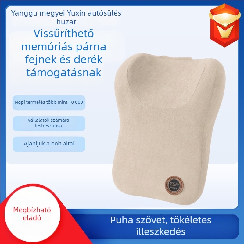 Autófej- és nyakrögzítő párna velúr külsővel, memory cotton töltet, egyszínű mintázat, egész éves használatra, testre szabható