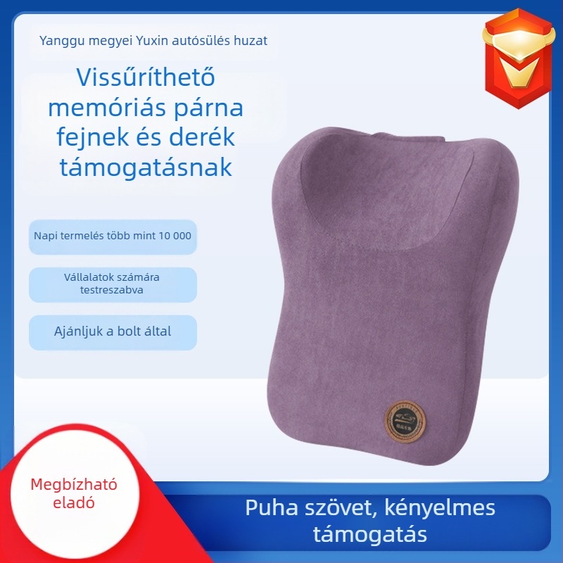 Autófej- és nyakrögzítő párna velúr külsővel, memory cotton töltet, egyszínű mintázat, egész éves használatra, testre szabható
