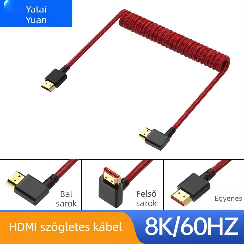 HDMI 2.1 90° kábel színes fonott, rugós kihúzható vezeték, 1 m, 8K videó