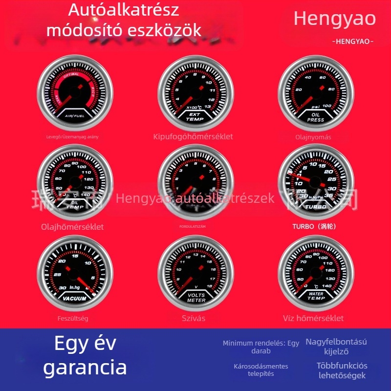 Hengyao autó-mérőműszer – 12V műanyag turbónyomásmérő, PSI, vízhőmérséklet, olajhőmérséklet és levegő-üzemanyag nyomás, voltmérő