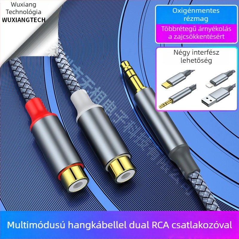 USB-C–ről 3,5 mm-es sztereó adapterkábellel, két RCA női kimenettel, aranyozott, réz vezető, OEM elérhető