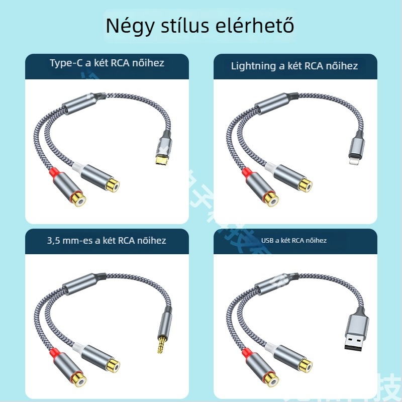 USB-C–ről 3,5 mm-es sztereó adapterkábellel, két RCA női kimenettel, aranyozott, réz vezető, OEM elérhető