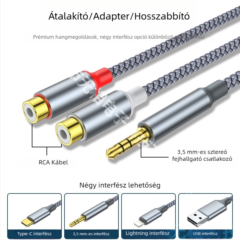 USB-C–ről 3,5 mm-es sztereó adapterkábellel, két RCA női kimenettel, aranyozott, réz vezető, OEM elérhető