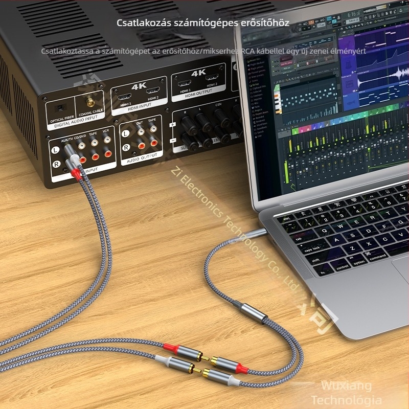 USB-C–ről 3,5 mm-es sztereó adapterkábellel, két RCA női kimenettel, aranyozott, réz vezető, OEM elérhető