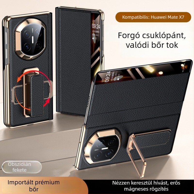 Huawei MateX7 bőrtok forgatható csuklórögzítővel — kettős tengelyű elektroplatírozás, Smart Window X6, Valódi bőr, Ütésállóság, Hőelvezetés