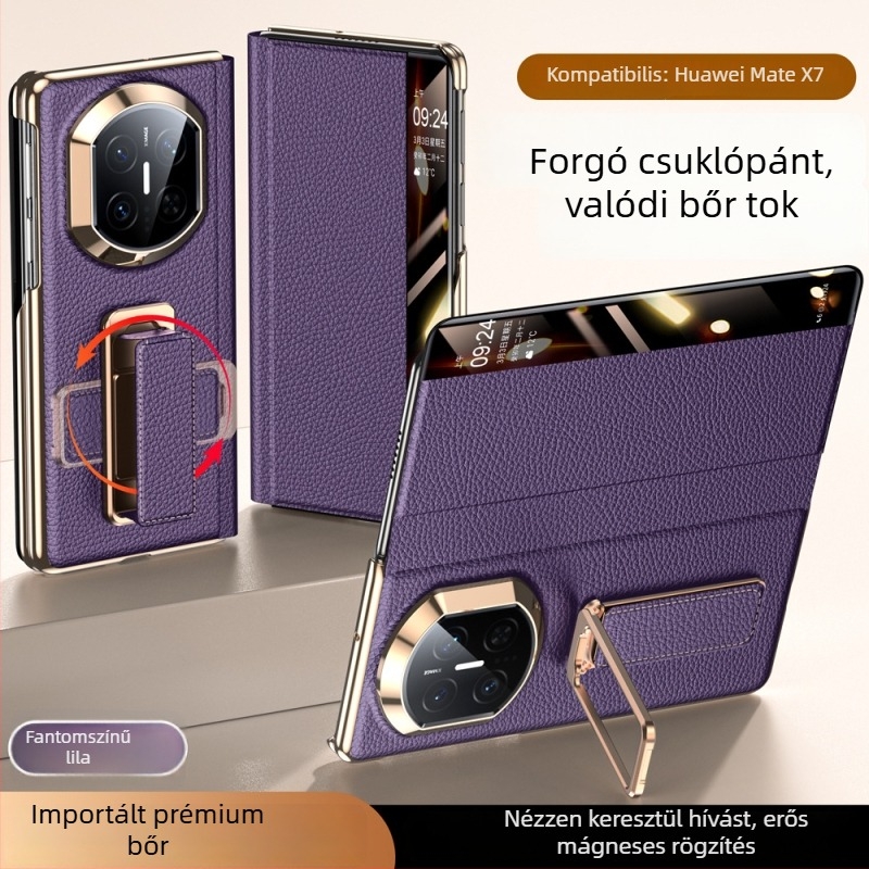 Huawei MateX7 bőrtok forgatható csuklórögzítővel — kettős tengelyű elektroplatírozás, Smart Window X6, Valódi bőr, Ütésállóság, Hőelvezetés