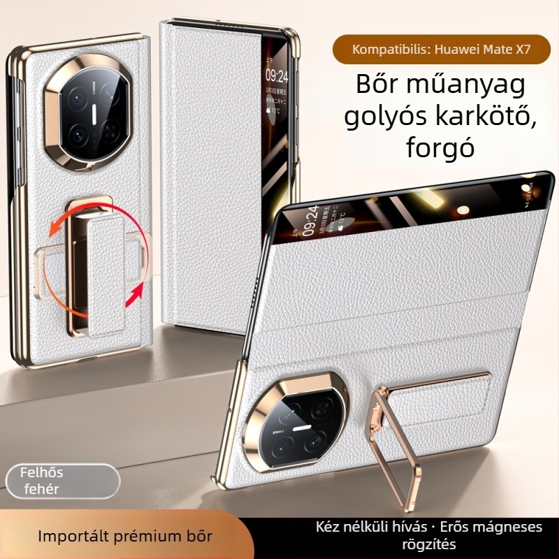 Huawei MateX7 bőrtok forgatható csuklórögzítővel — kettős tengelyű elektroplatírozás, Smart Window X6, Valódi bőr, Ütésállóság, Hőelvezetés