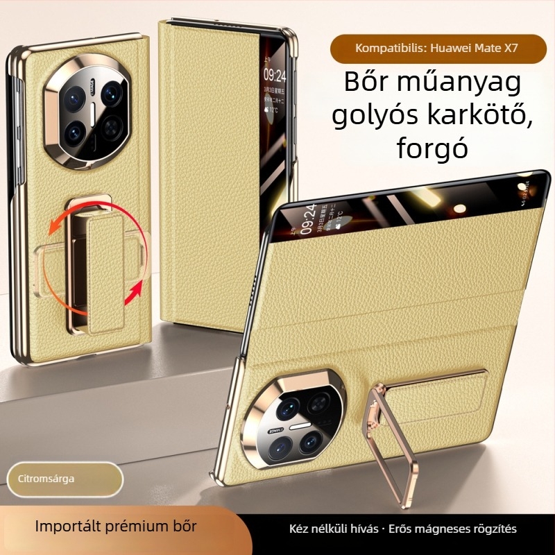 Huawei MateX7 bőrtok forgatható csuklórögzítővel — kettős tengelyű elektroplatírozás, Smart Window X6, Valódi bőr, Ütésállóság, Hőelvezetés