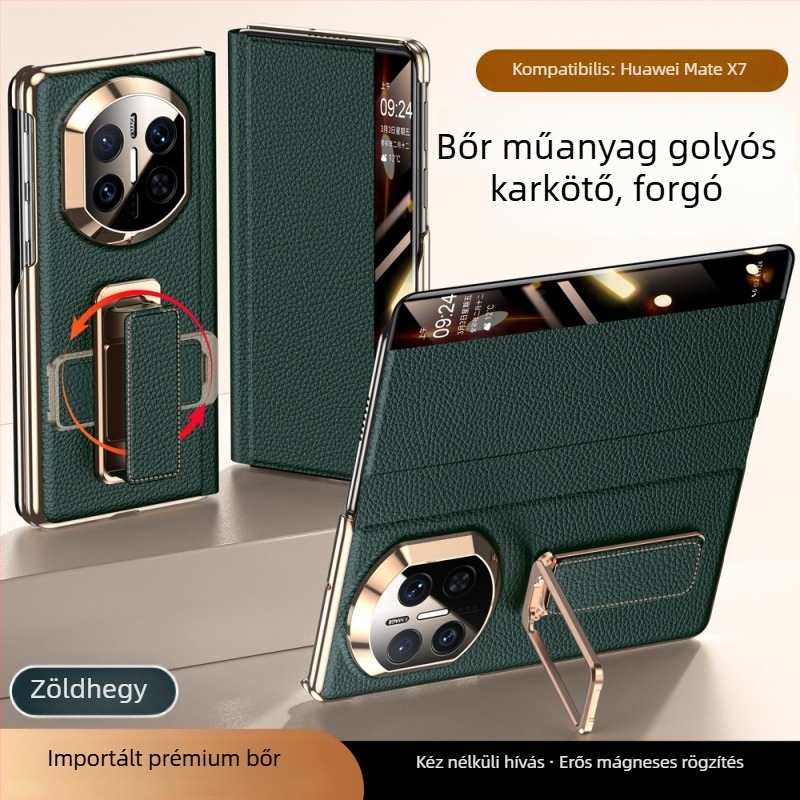 Huawei MateX7 bőrtok forgatható csuklórögzítővel — kettős tengelyű elektroplatírozás, Smart Window X6, Valódi bőr, Ütésállóság, Hőelvezetés