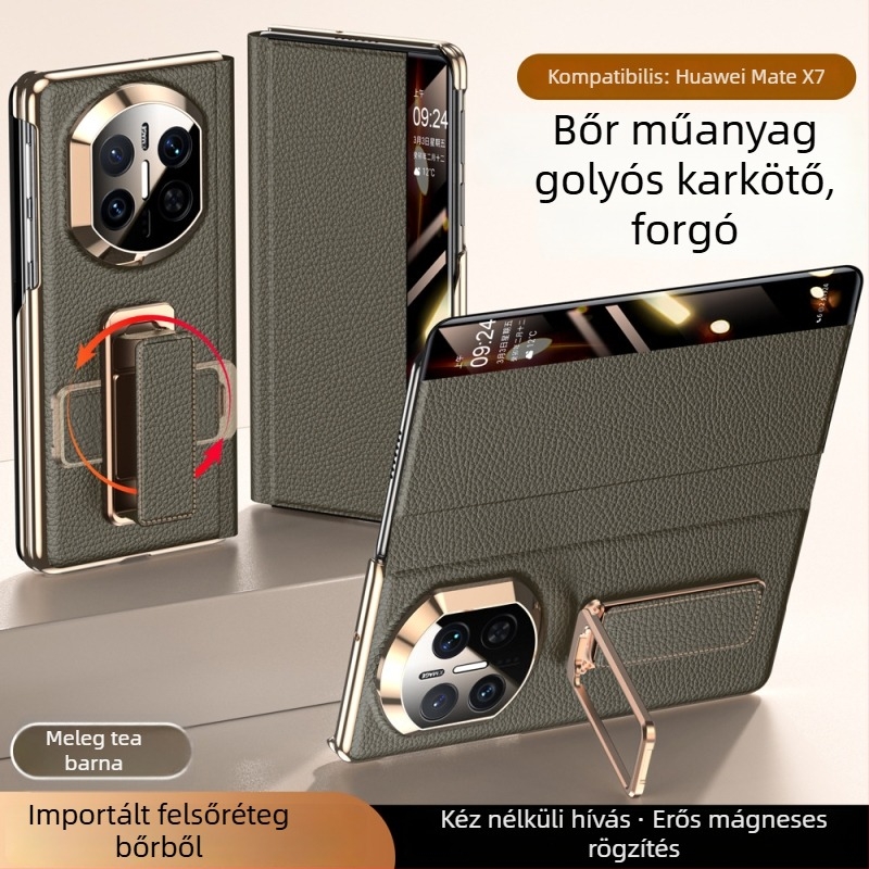 Huawei MateX7 bőrtok forgatható csuklórögzítővel — kettős tengelyű elektroplatírozás, Smart Window X6, Valódi bőr, Ütésállóság, Hőelvezetés