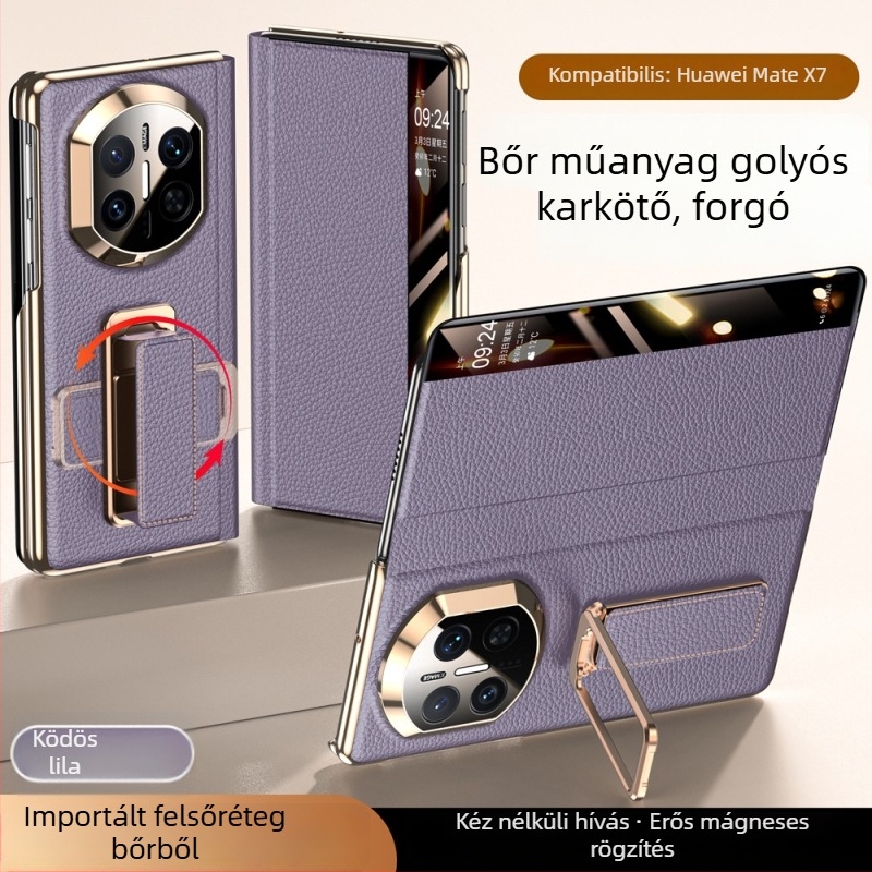 Huawei MateX7 bőrtok forgatható csuklórögzítővel — kettős tengelyű elektroplatírozás, Smart Window X6, Valódi bőr, Ütésállóság, Hőelvezetés