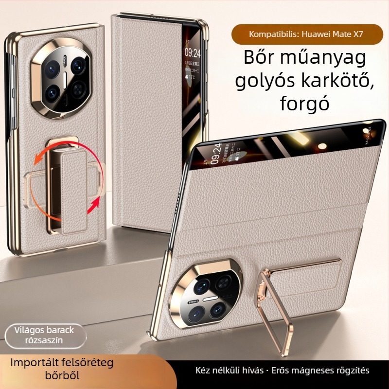 Huawei MateX7 bőrtok forgatható csuklórögzítővel — kettős tengelyű elektroplatírozás, Smart Window X6, Valódi bőr, Ütésállóság, Hőelvezetés