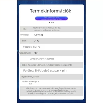 LoRa antenna magas nyereséggel, 12 dBi, 433 MHz, antenna ventuzával a modulhoz WEIHAN