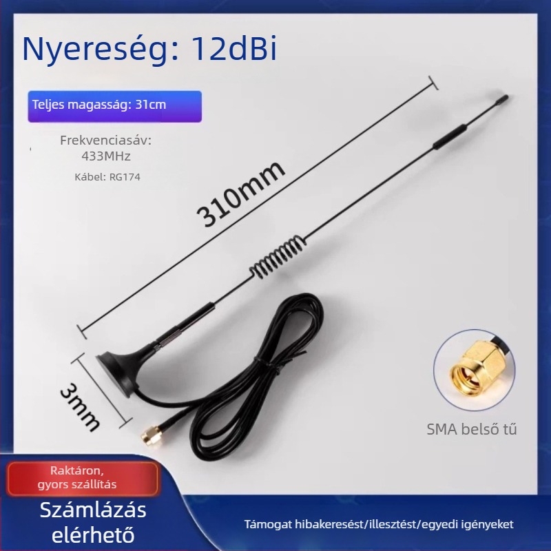 LoRa antenna magas nyereséggel, 12 dBi, 433 MHz, antenna ventuzával a modulhoz WEIHAN