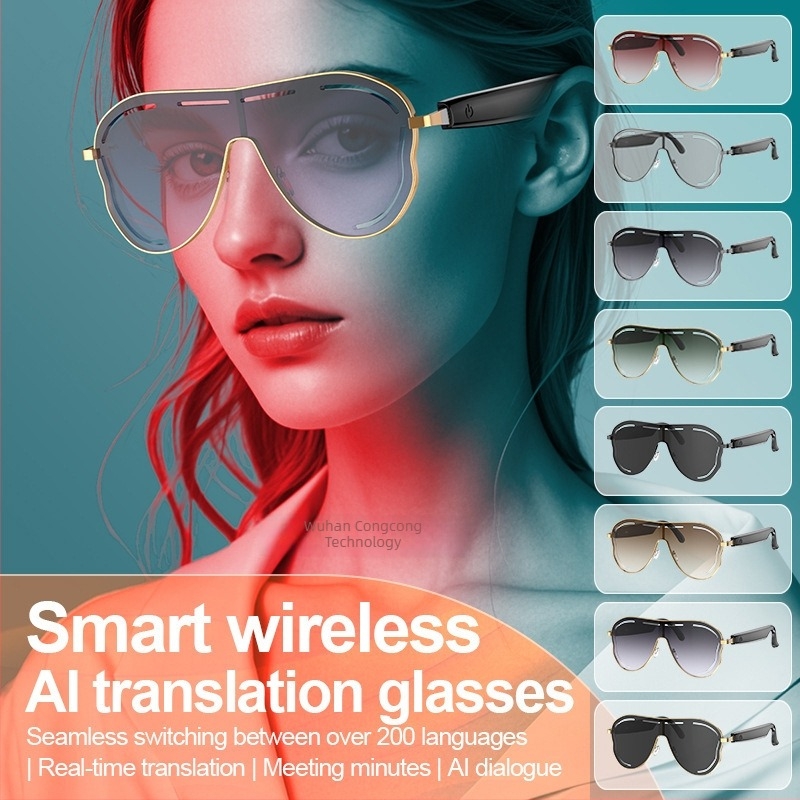 Intelligens Bluetooth szemüveg AI fordítással, napszemüveg stílus, érintéses vezérlés, kameramentes, 75+75 mAh akkumulátor, keret rozsdamentes acélból, tömeg 35 g, vezeték nélküli hatótáv 5–10 m