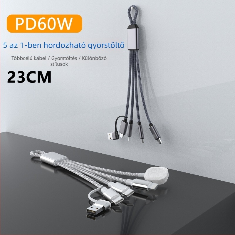 PD60W több interfészes gyors töltésű adatkábel: Lightning, Micro-USB, Type-C; tabletek, laptopok és telefonok számára; hossza max. 0,5 m; nylon bevonat; 60W max; szürke-fehér és sötétszürke