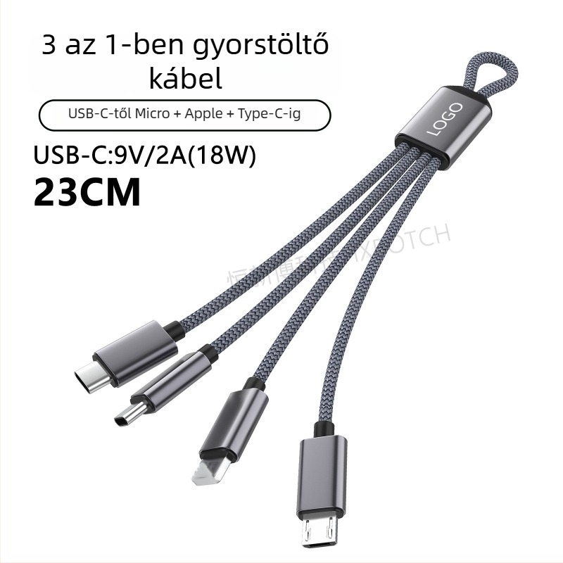 PD60W több interfészes gyors töltésű adatkábel: Lightning, Micro-USB, Type-C; tabletek, laptopok és telefonok számára; hossza max. 0,5 m; nylon bevonat; 60W max; szürke-fehér és sötétszürke