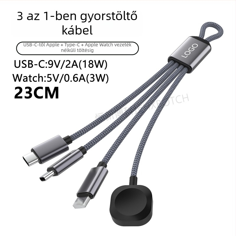 PD60W több interfészes gyors töltésű adatkábel: Lightning, Micro-USB, Type-C; tabletek, laptopok és telefonok számára; hossza max. 0,5 m; nylon bevonat; 60W max; szürke-fehér és sötétszürke